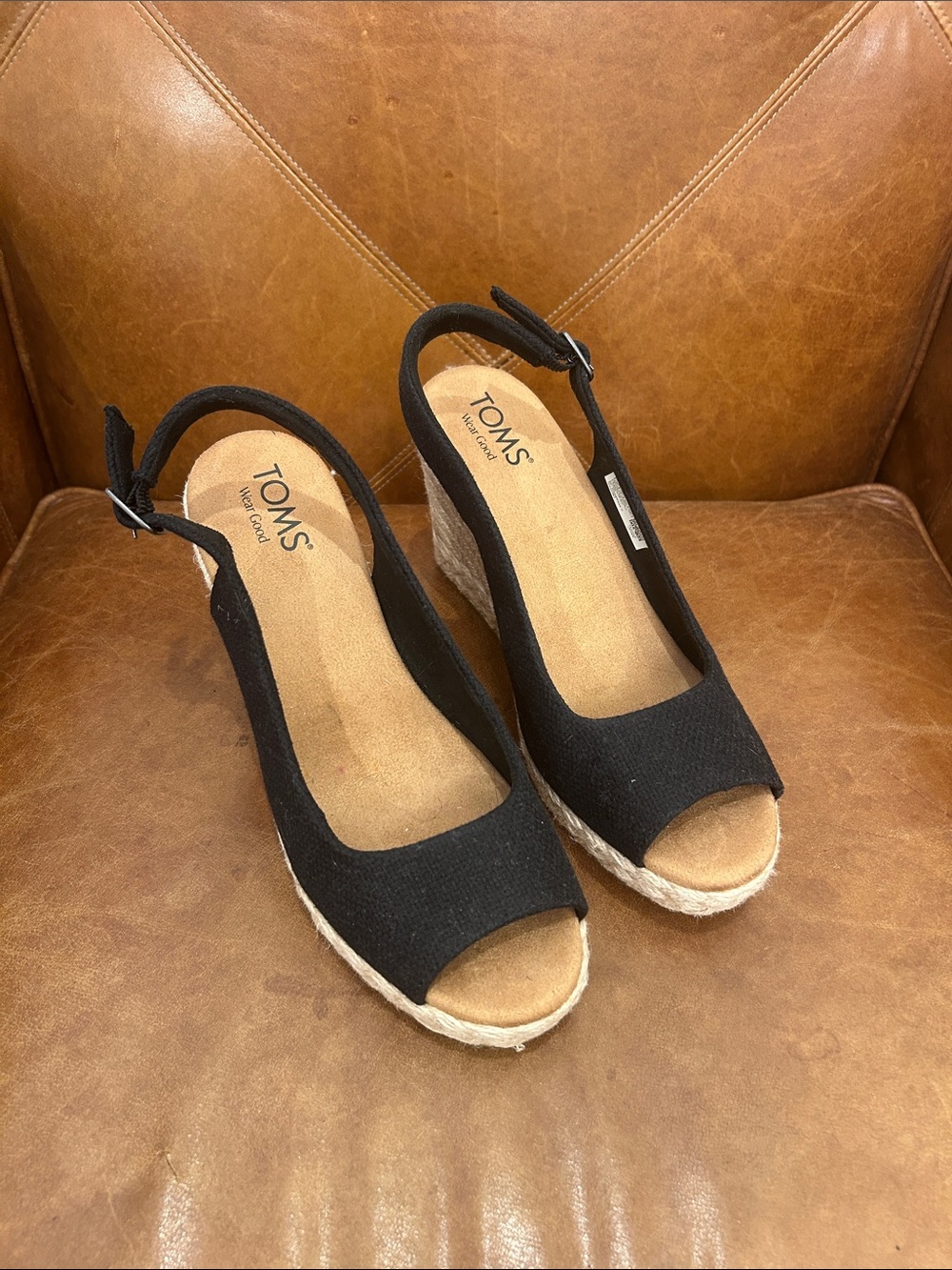 TOMS Black Canvas Peep-Toe Espadrille Wedge Slingback